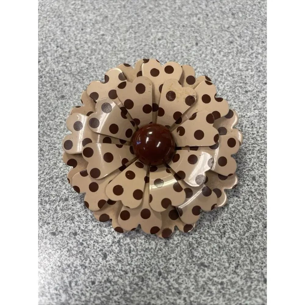 Vtg 1960s Mod Enamel Flower Brooch Pin Brown Polka Dot 3-Tier